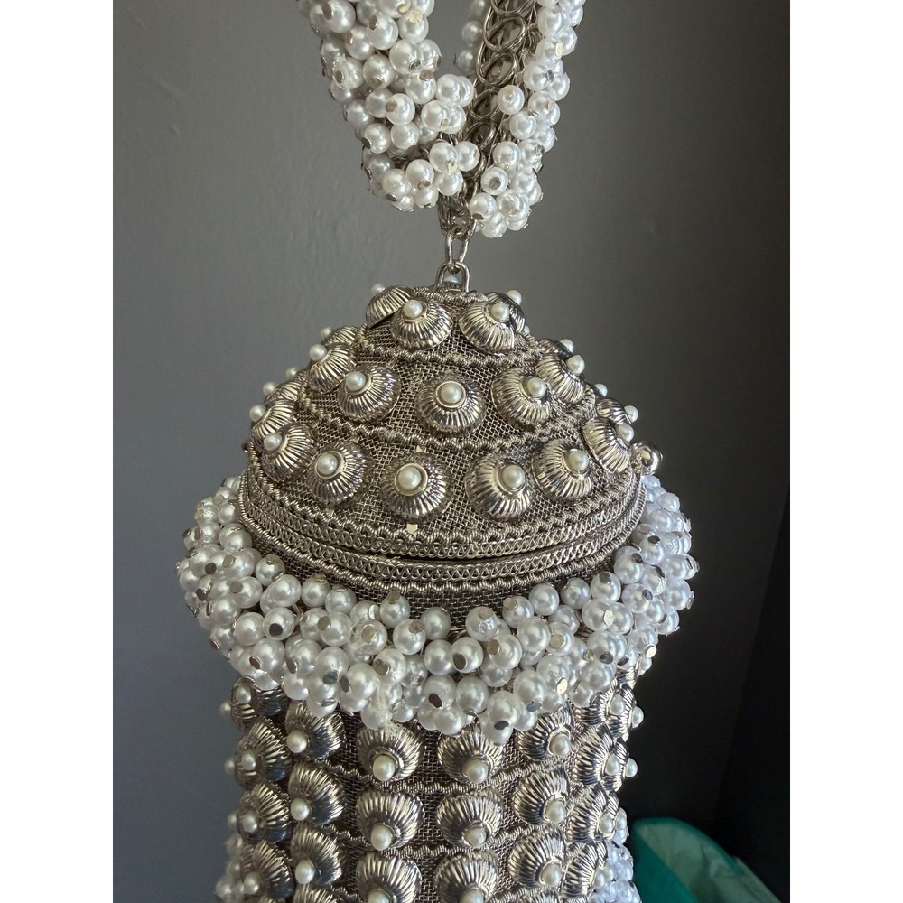 Ramla Cocktail Pearl Signature Bag OS Silver White Beaded Lantern Evening Bag - Picture 3 of 10